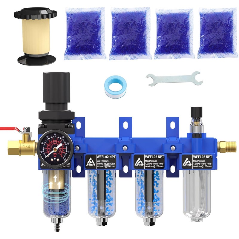 ATINY 1/4"NPT Air Filter Regulator Lubricator Combo, Air Regulator and Water Separator,Air Compressor Water Separator,5 Micron Brass Filter Cartridge,Double Desiccant Dryers-Blue - Image 1